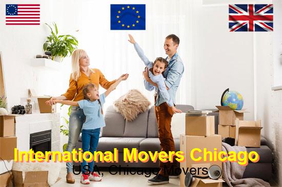 Overseas movers loading a container bound for Chicago