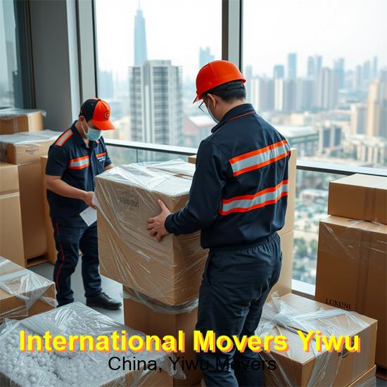 International movers carrying wrapped furniture into a residential building in Yiwu