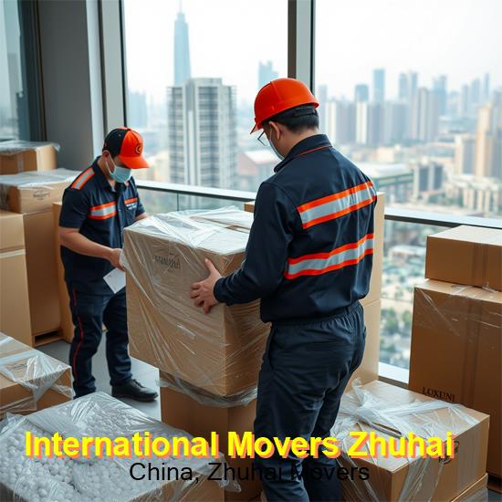 International movers carrying wrapped furniture into a residential building in Zhuhai