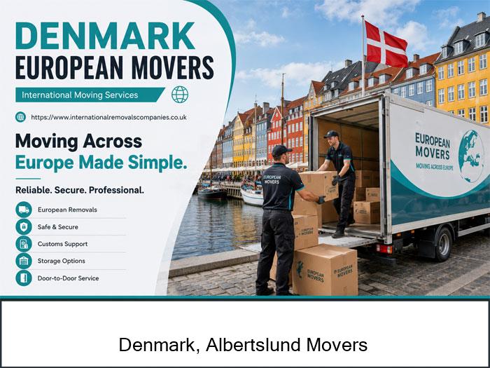 Movers carrying furniture along a terrace in Albertslund