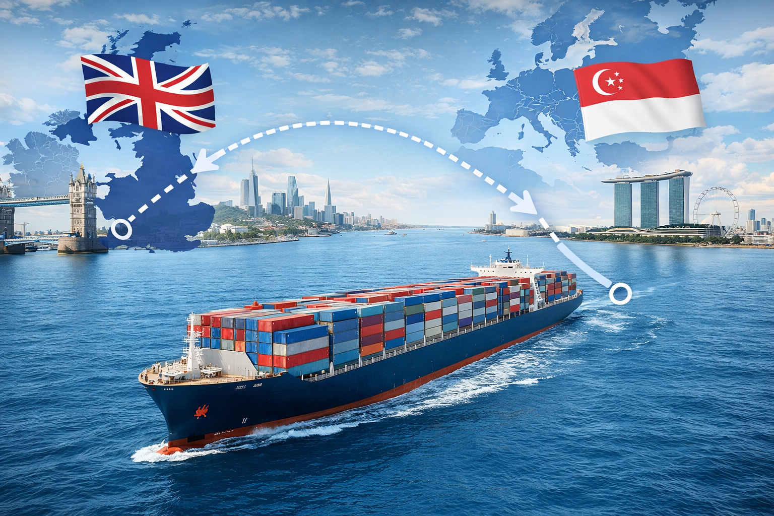 International shipping route from UK to Singapore