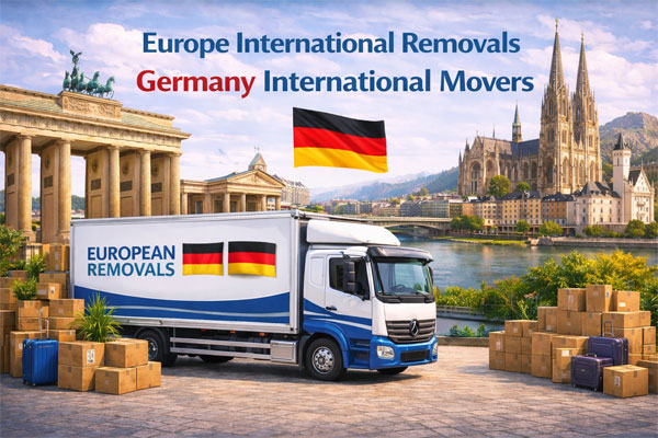Professional international movers preparing shipment for Germany
