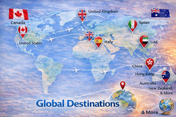 Map showing international removals destinations served worldwide