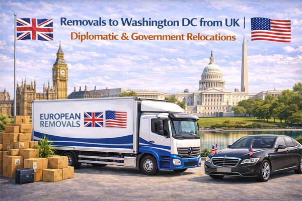 Professional international removals team preparing shipment from UK to Washington DC