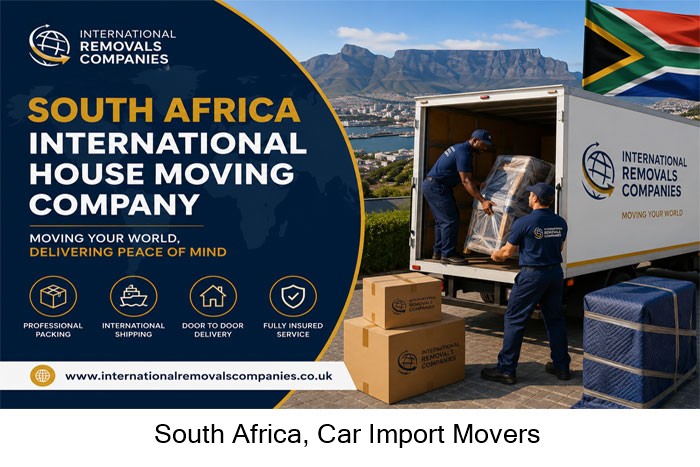 Movers securing a vehicle alongside household goods for South Africa